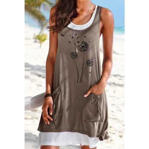 Dandelion Print Casual Pockets Dresses Women Sleeveless Two Piece Set Boho Dress O-Neck 2XL Large Size Female Loose Vestidos New