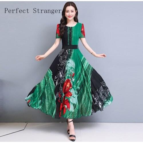 2021 Summer New Arrival M-4XL Round Collar Flower Printed Short Sleeve High Quality Women Dress Long Chiffon Dress