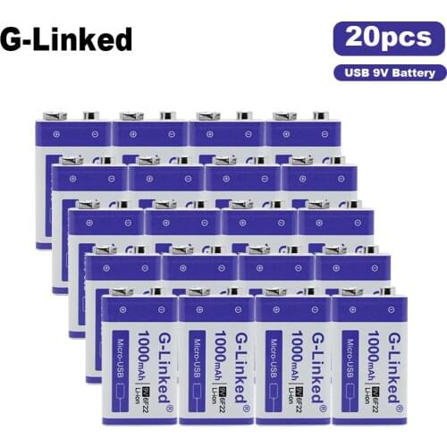 20PCS 6F22 Micro USB 9V 1000mAh Rechargeable Li-ion Battery for Smoke Alarm Wireless Microphone Guitar EQ Intercom Multimeter