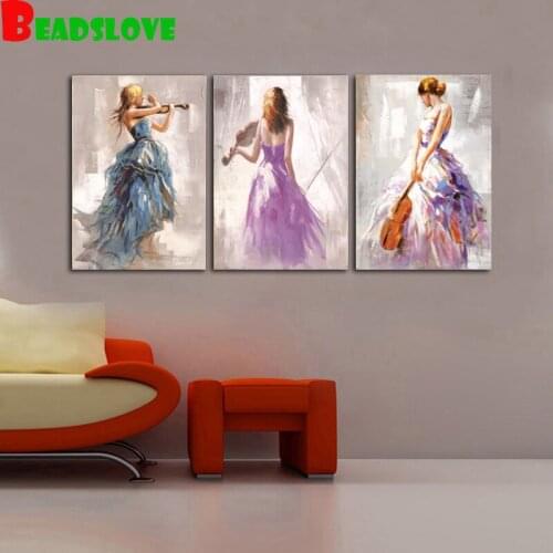 3pcs 5D DIY Diamond Painting Violin girl Full Square round Drill Diamond Embroidery Seaside Cross Stitch G129