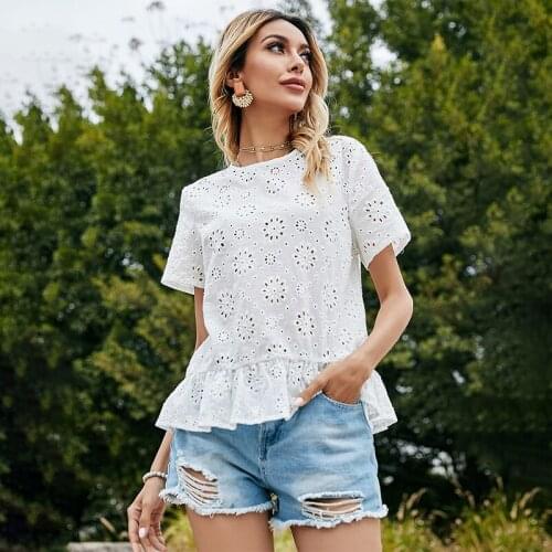 Women Summer Spring Elegant Fashion Hollow Out Flowers Ruffled Shirts Ladies Casual Tops Short Sleeves Female O-Neck Pullover