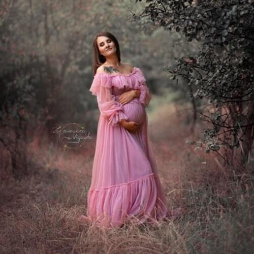 Dreamlike Pink Long Sleeves A-line Maternity Dress Off The Shoulder Ruffles Collar Bridal Gowns To Photo-shoot Baby Shower Robe
