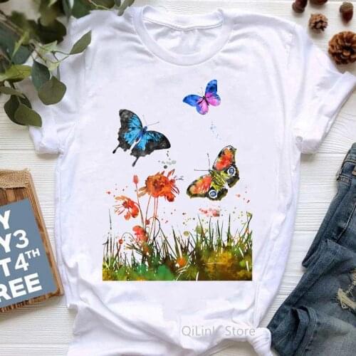 Watercolor Butterfly Flowers Print Tshirt Women Aesthetic Clothes T-Shirt Femme Harajuku Shirt Summer Tops Tee Shirt