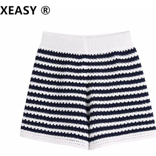 Klacwaya Women 2021 Chic Fashion Striped Knitted Shorts Vintage High Elastic Waist Female Short Pants Mujer