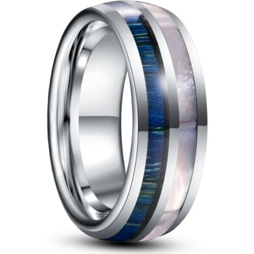 8mm Blue Wood Carbon Wedding Ring Jewelry White Shell Dome Tungsten Steel Ring For Men