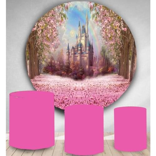 Circle panel backdrop round pink cherry trees castle princess baby shower girl birthday decor background candy table banner