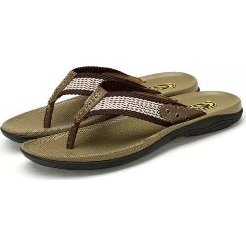 Summer Men Casual Leather Slippers Fashion High Quality Sandal Male Flat Outside Flip Flop Big Size Shoes Non-Slip Brown Leather