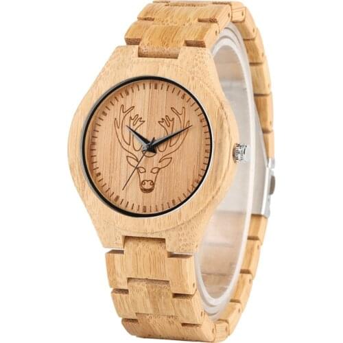 New 2019 Engraved Wood Mens Watch Elk Head Display Simple Wooden Bangle Quartz Timepiece Mens Wristwatch reloj de madera