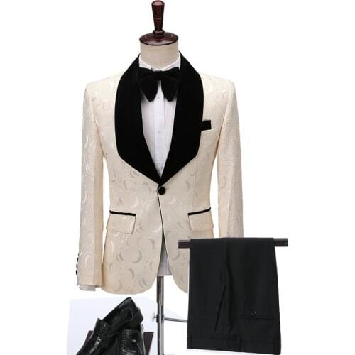 2020 Custom Made Business Mens Suit Slim Fit Men Wedding Dress Suits Formal Ivory Jacquard Men Suits Tuxedo 2 Piece Groom Suit