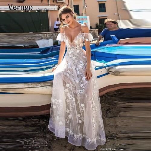 Verngo Romantic Off the Shoulder Lace Wedding Dress Spaghetti Straps Floral Applique Bride Gowns A Line Princess Backless Robe