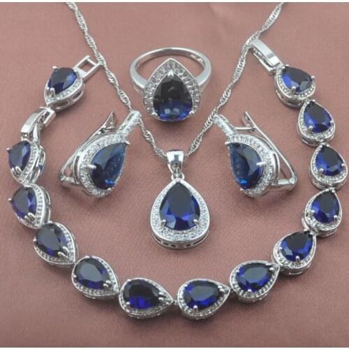 Silver Color Jewelry Sets Blue Zirconia Water Drop Womens Wedding Bracelet Necklace Pendant Earrings Ring Russian style YZ0355