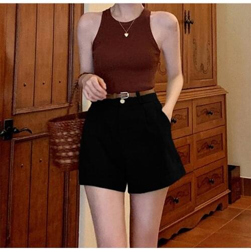 French Vintage Shorts Women New Summer High Waist Belt Button Wigh Leg Shorts Casual Joker Fashion Female Slim Suit Shorts