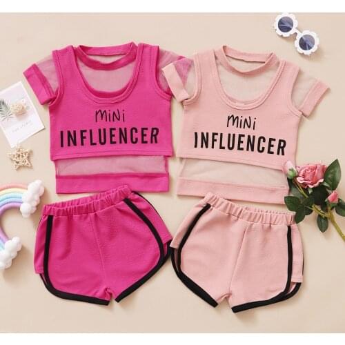 1-6 Years Baby Girls Sportwear Breathable Mesh Patchwork Tops Short Sleeve Shirts Shorts 2Pcs Summer Active Outfits