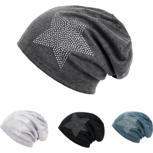Unisex Men Women Classic Star Rhinestone Slouch Beanie Cap Cotton Hat