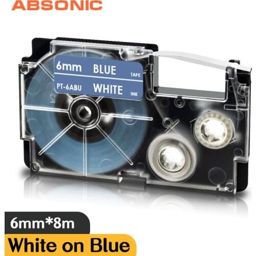 6mm Label Tape Compatible Casio Label Maker XR-6ABU XR6ABU White on Blue Printer Ribbon for Casio Label Maker KL-G2 KL-130 KL-60