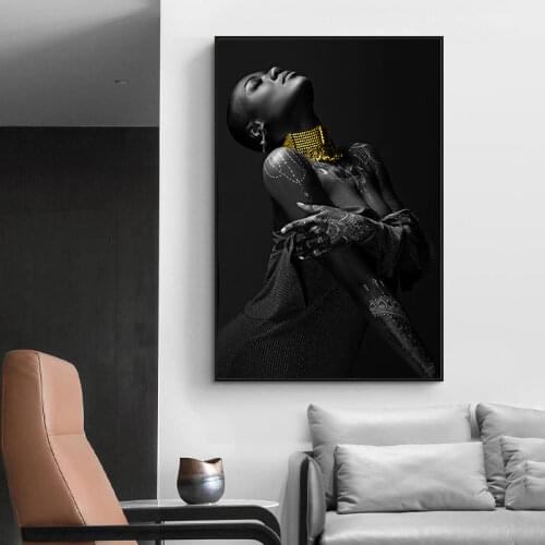 African Women Canvas Paintings Black Girl With Golden Necklace Art Posters and Prints Wall Pictures for Home Cuadros Decoration