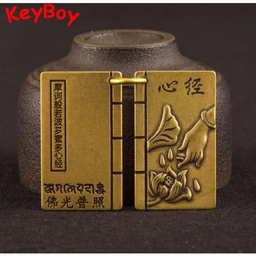 Vintage Brass Sanskrit Heart Sutra Buddhist Pendants for Women Men Copper Keychains Hanging Jewelry Buddha Hand Tags Keyrings
