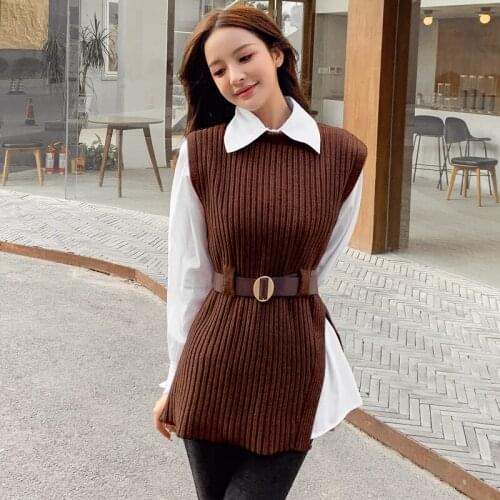 2021 Autumn Winter Womens Two Piece Sets Lantern Sleeve Shirts Knit Vest College Style Waistband Vest Two Sets Midi Tops UK9001