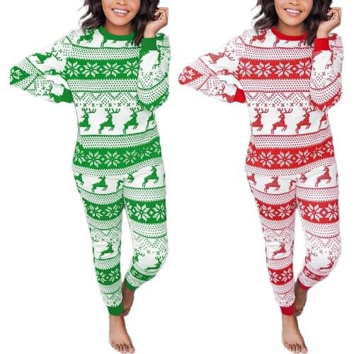 2 Pieces Nightwear Set Female Christmas Floral Print O-Neck Long Sleeve Tops+ Waist Pyjama Trousers for Spring Fall
