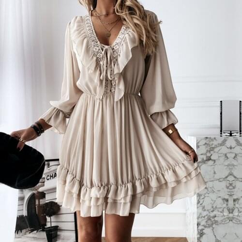 Sexy Lace Mini Dress Women Dress 2021 Spring Elegant Long Sleeve Ruffle Chiffon Dress Deep V Neck Ladies Clothes Vestidos