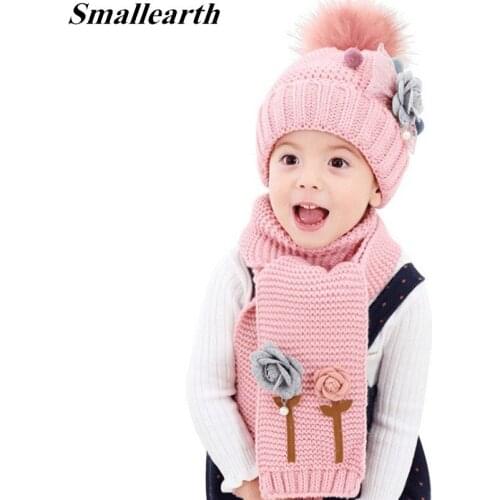 2pcs/set Winter Baby Knitted Hats Scarf Girls Warm Floral Cap Protects Ear Caps + Scarf Suits Children Beanies Photography Props
