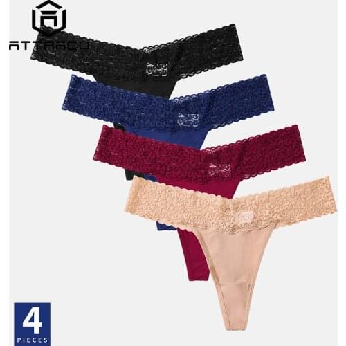 ATTRACO Womens Underwear Lace Thong Tanga G Strings Panties Stretchy Hipster Bikini Briefs Lingerie Sexy 4 Pack трусы женские