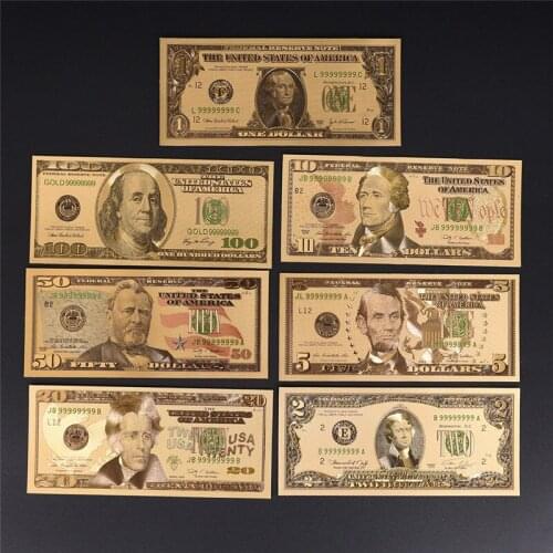 7pcs/lot US Gold Foil Banknote America Fake Banknotes All Dollar Banknotes Paper Money Collection for Home Decoration Gift