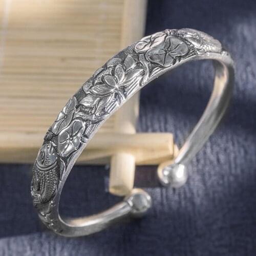 The Ancient Method Inherits Chinese Style Fish Lotus Playing in the Water Pure Silver 999 Womens Bracelet Handmade