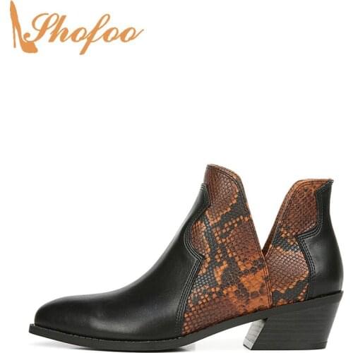Black Snakeskin Print Woman Ankle Boots Patchwork High Chunky Heels Pointed Toe Booties Big Size 12 16 Lady Fashion Shoes Shofoo