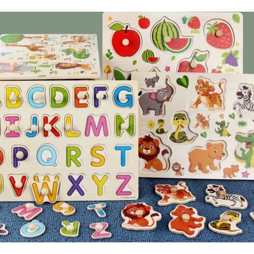 Baby Toys Montessori Wooden Puzzles Hand Grab Boards Toys Educational Wooden Toy Cartoon Vehicle Animal Puzzle Child Gift