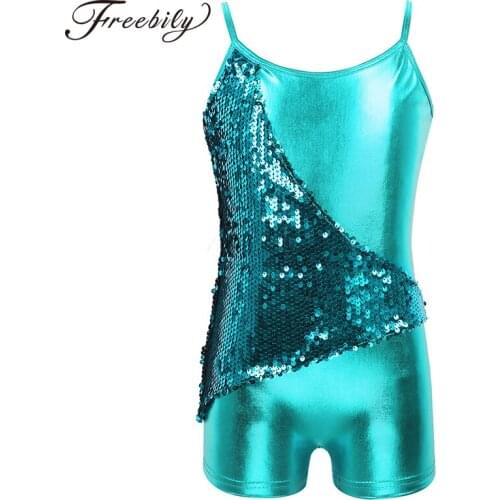 Kids Spaghetti Straps Shiny Sequins V-shaped Back Girls Metallic Gymnastics Leotards Shorty Unitard Dance Costumes For Stage