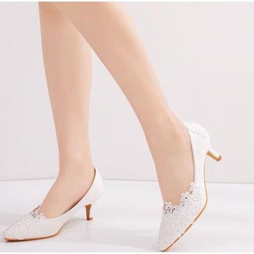 Elegant and simple lace flower wedding shoes white 5cm high-heeled bridal shoes wedding photos adult gift shoes wedding shoes