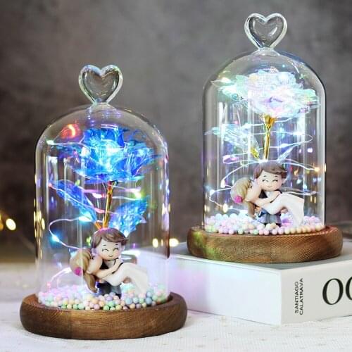 Artificial Flower 24K Gold Foil Flower Galaxy Rose With Fairy String Lights In Dome For Wedding Decorate Valentines Day Gift