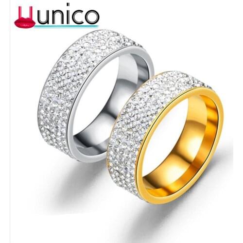 UUNICO 5 rows crystal diamond titanium steel ring stainless steel inlay clay diamond ring men and women ring stainless steel rin