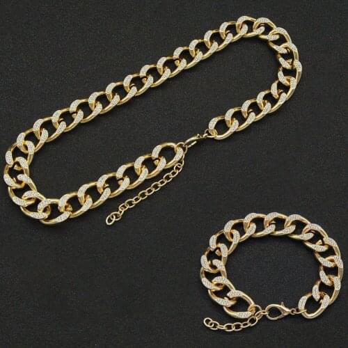 Hip Hop 16MM 2pcs Kit Full Iced Out Paved Rhinestone Choker Miami Adjustable Cuban Chain Bracelet Necklace For Men Women Jewelry