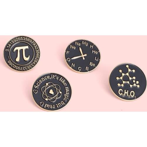 Creative Simple Black Round Badge Creative Chemical Equation Pi Clock Metal Enamel Brooch Trendy Lapel Backpack Jewelry Gift