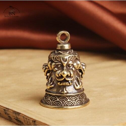 Copper Three Lions Head Bell Small Ornaments Desk Feng Shui Decorations Retro Brass Keychain Pendants Home Decor for Living Room