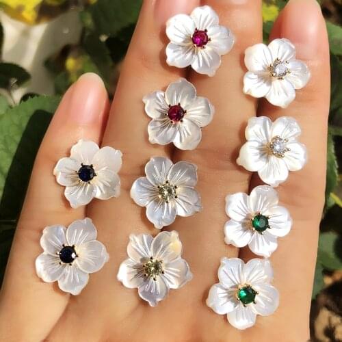 Small Flower Cute Pearl Shell Stud Earrings Colorful Crystal Zirconia Stone Sweet Earrings Female Brinco Wholesale Jewelry 2019