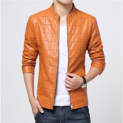 Men Black Orange Green Pu Leather Jacket Spring Mens Faux Leather Jacket Vintage Mens Mandarin Collar Jackets and Coats 5XL 6XL