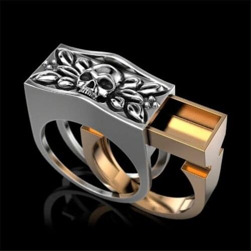 Mens Fashion Skull Ring Set Motorcycle Party Steampunk Secret Cinerary Casket Compartment Memorial Anniversary Ring Jewelry