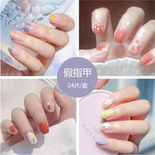 24pcs Hit Color False Nails 40 Styles Cute Summer Style Fake Nails Jelly Finger Nail Manicure Decoration Nail With Glue