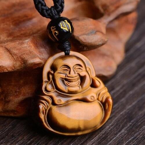 Natural Gems Energy Stone Carved Laughing Buddha Lucky Amulet Pendant Necklace Yellow Tiger Eye Natural Stone Pendant Necklace