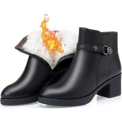New Top Cowhide Full Genuine Leather Boots Winter Womens Boots Large Size Thick Heels Warm Plush Wool Winter Shoes Snow Boots