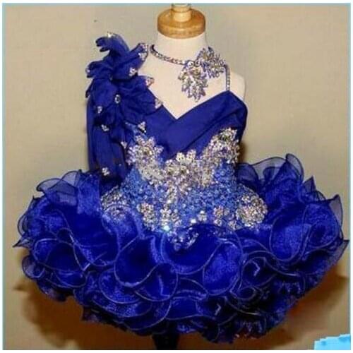 Cute Girls Glitz Pageant Dresses Royal Blue Lace Flower Girl Dresses Hand Made Flowers Beads Crystals Tiers Toddler dress