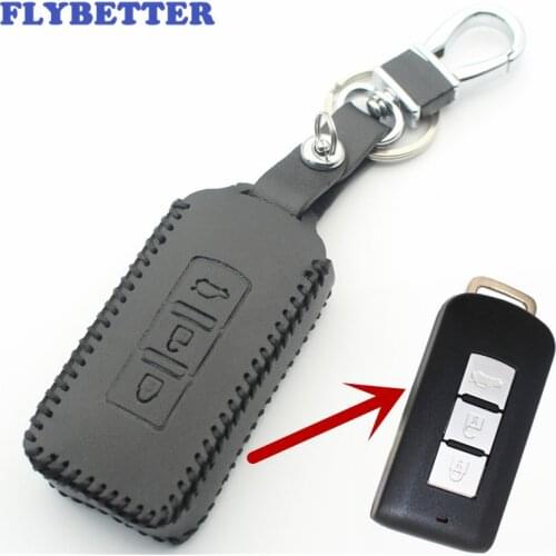 FLYBETTER Genuine Leather 3Button Smart Key Case Cover For Mitsubishi Outlander/Lancer 10/Pajero Sport /ASX Car Styling L2177