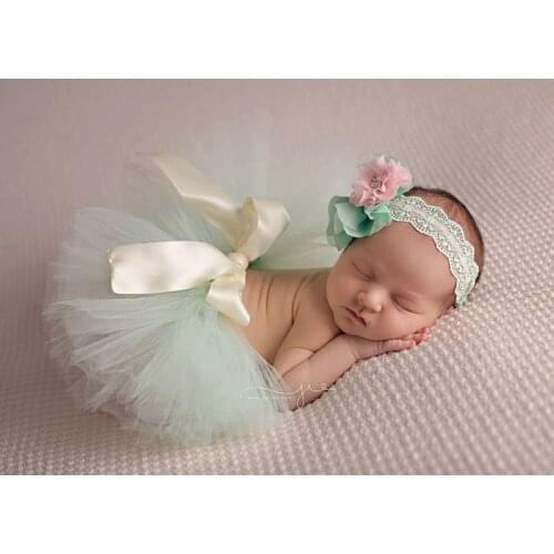 Light Green Lace Tutu Skirt Newborn Photography Props Infant Photo Shoot Lace Headband Outfits Baby Picture fotografie Props