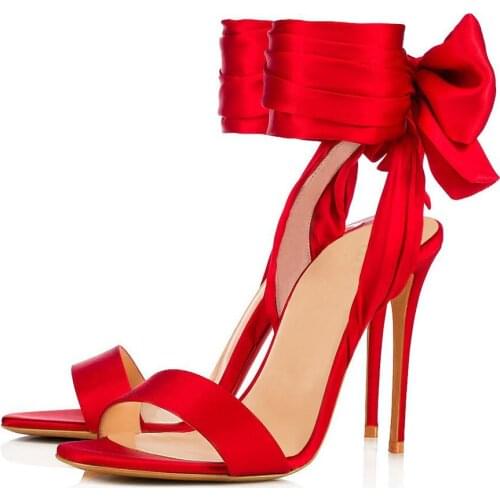 Ladies Bright Red Satin Fabric Back Bowtie Open Toe Sandals Stiletto Heels Silk Straps Bandage Butterfly-Knot Wedding High Heels