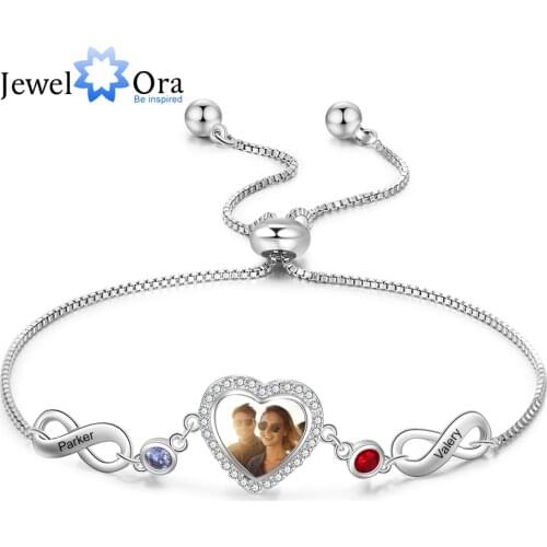 JewelOra Personalized Custom Photo Bracelets with 2 Birthstones Adjustable Chain Engraved Name Infinity Bracelets for Women