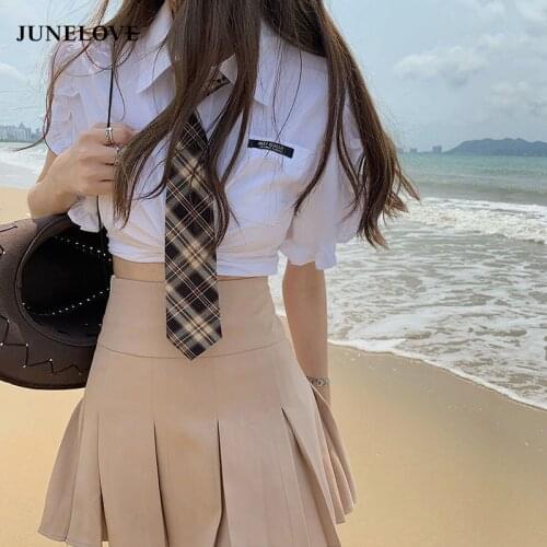 JuneLove Short Sleeve T-shirt Female Korean Version Pleated Mini Skirt Sets 2021 Summer Fashion New Japanese Style JK Street Set