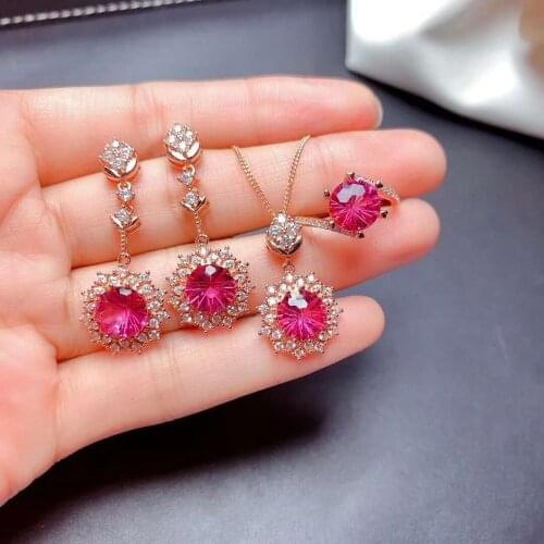 Pink Topaz Flower Earrings Ring Pendant Necklace Set S925 Pure Silver Fine Fashion Luxurious Jewelry for Women Free Shipping